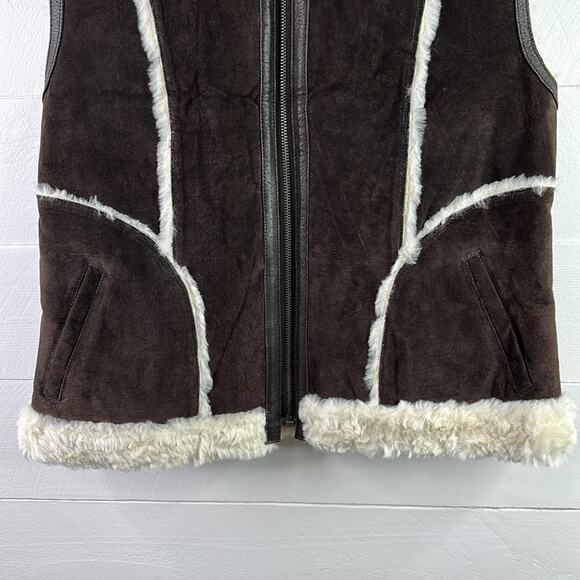 STEVE MADDEN Brown Leather Cream Fur Zip Up Vest Jacket Size Medium - Picture 6 of 11